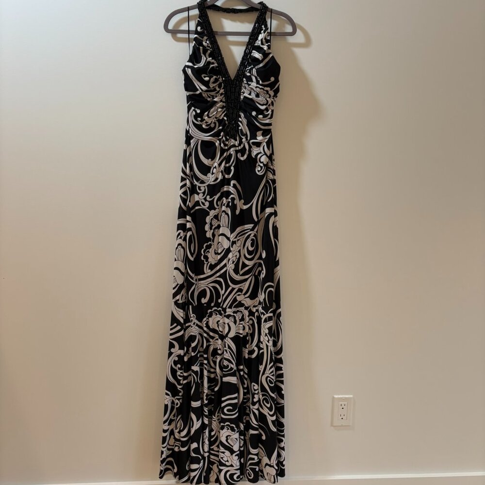 JS Boutique Black & White Printed Halter Evening Gown • Size 8